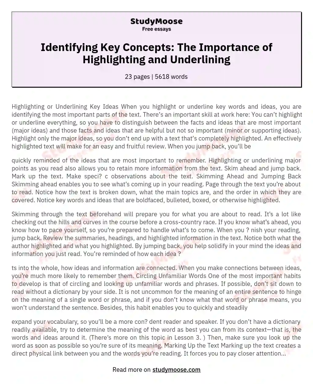 Identifying Key Concepts: The Importance of Highlighting and Underlining essay