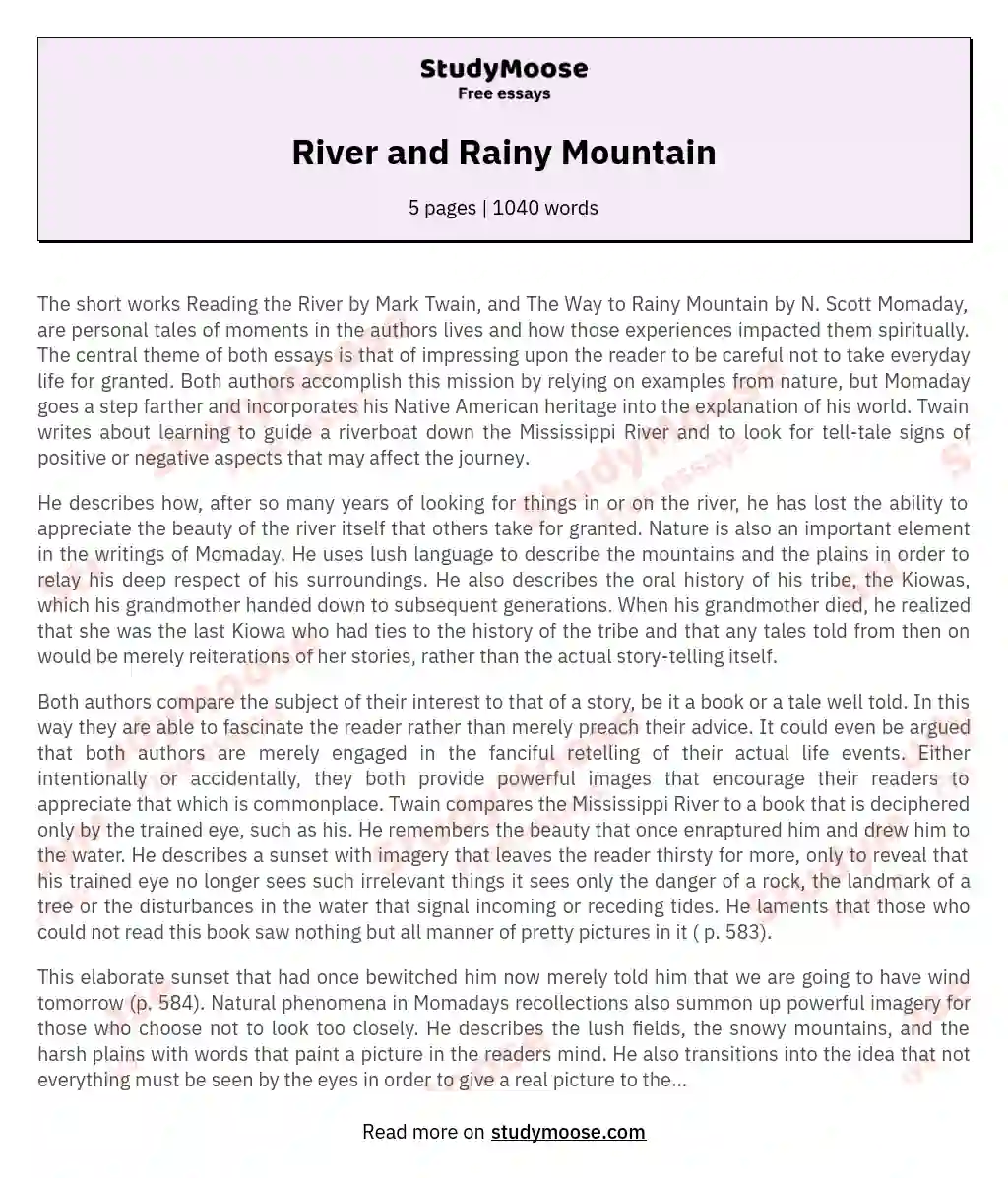 "Reading the River" by Mark Twain, and "The Way to Rainy Mountain" by N. Scott Momaday