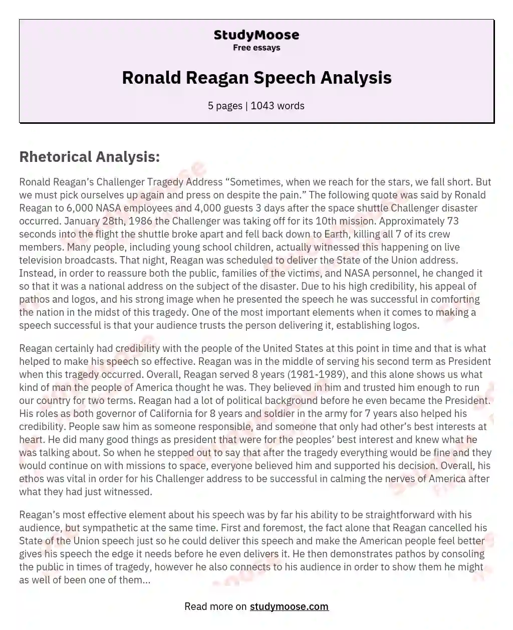 Ronald Reagan Speech Analysis essay