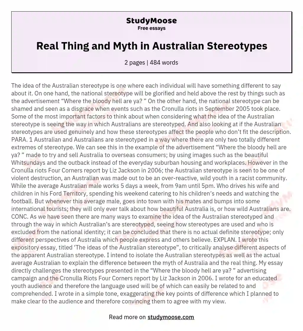 Real Thing and Myth in Australian Stereotypes