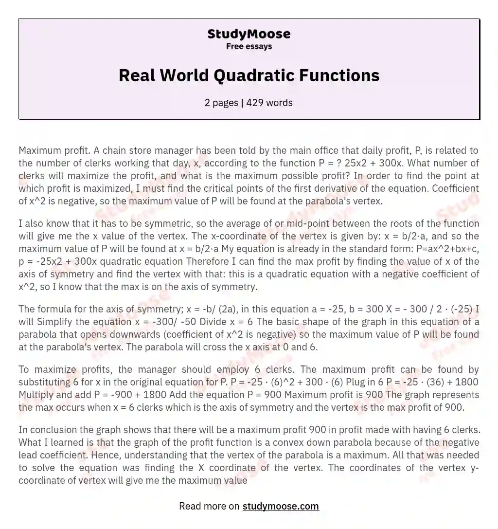 Real World Quadratic Functions essay