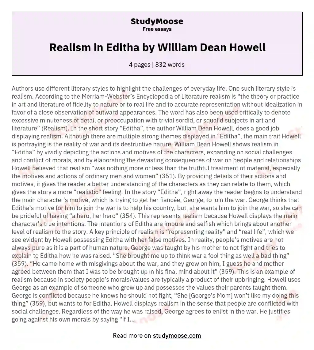 Realism in Editha by William Dean Howell essay