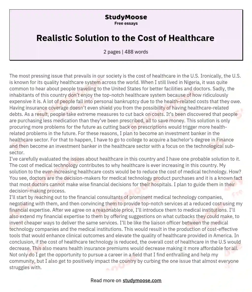 Realistic Solution to the Cost of Healthcare  essay