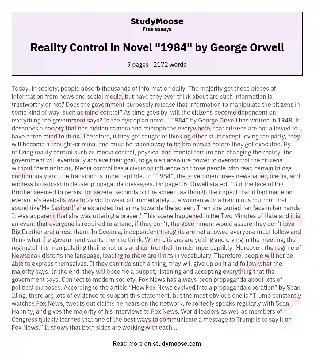 Reality Control in Novel "1984" by George Orwell