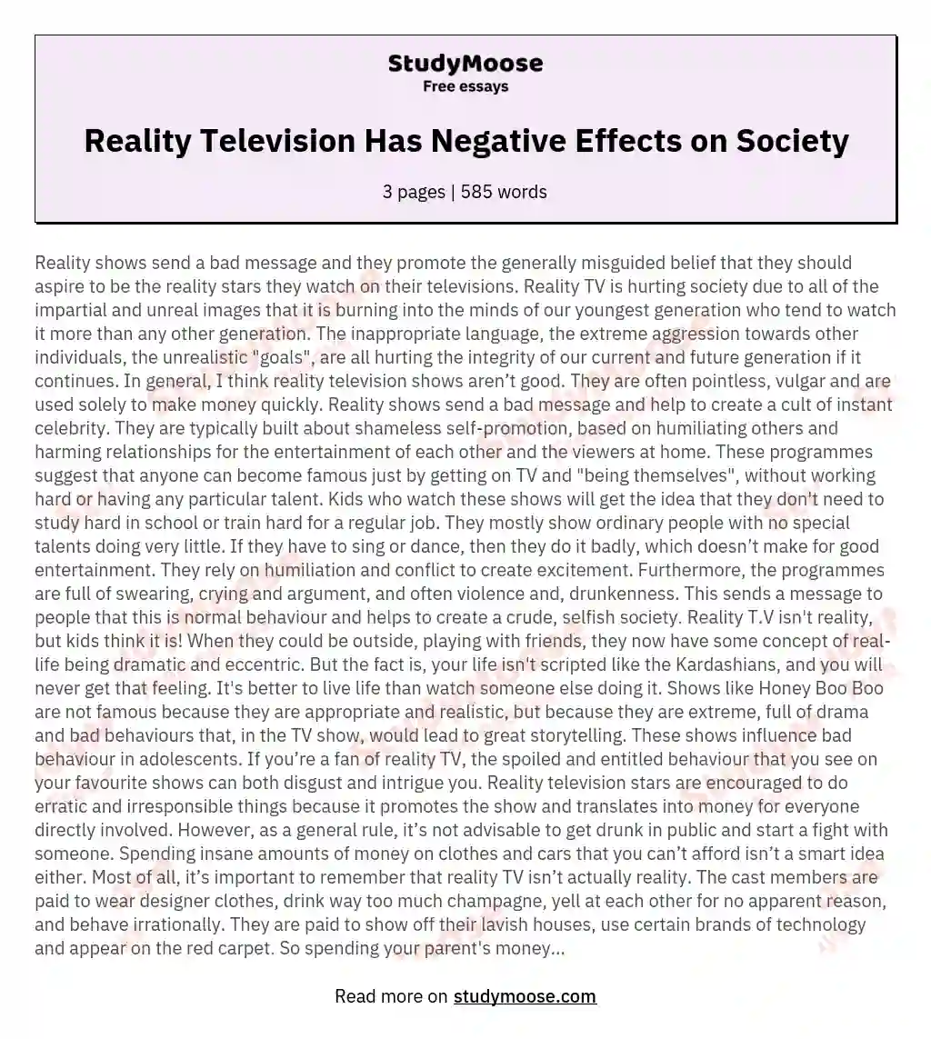Reality Television Has Negative Effects on Society essay
