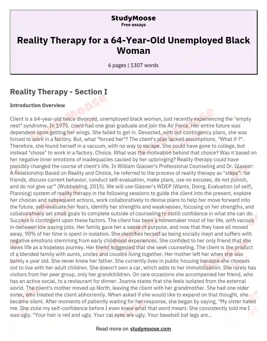 Reality Therapy for a 64-Year-Old Unemployed Black Woman essay