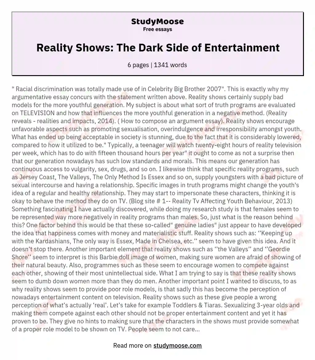 Reality Shows: The Dark Side of Entertainment essay