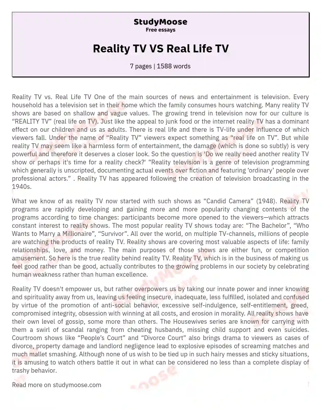 Reality TV VS Real Life TV