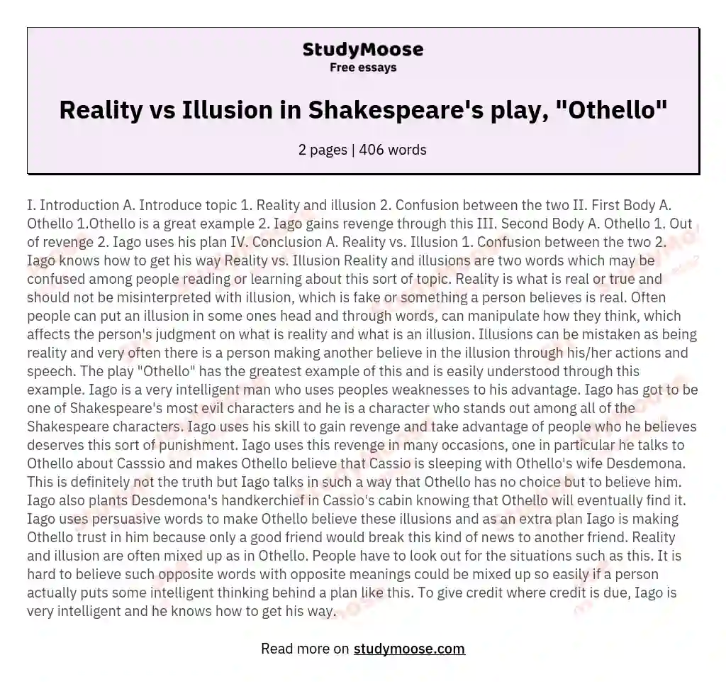 Reality vs Illusion in Shakespeare's play, "Othello" essay