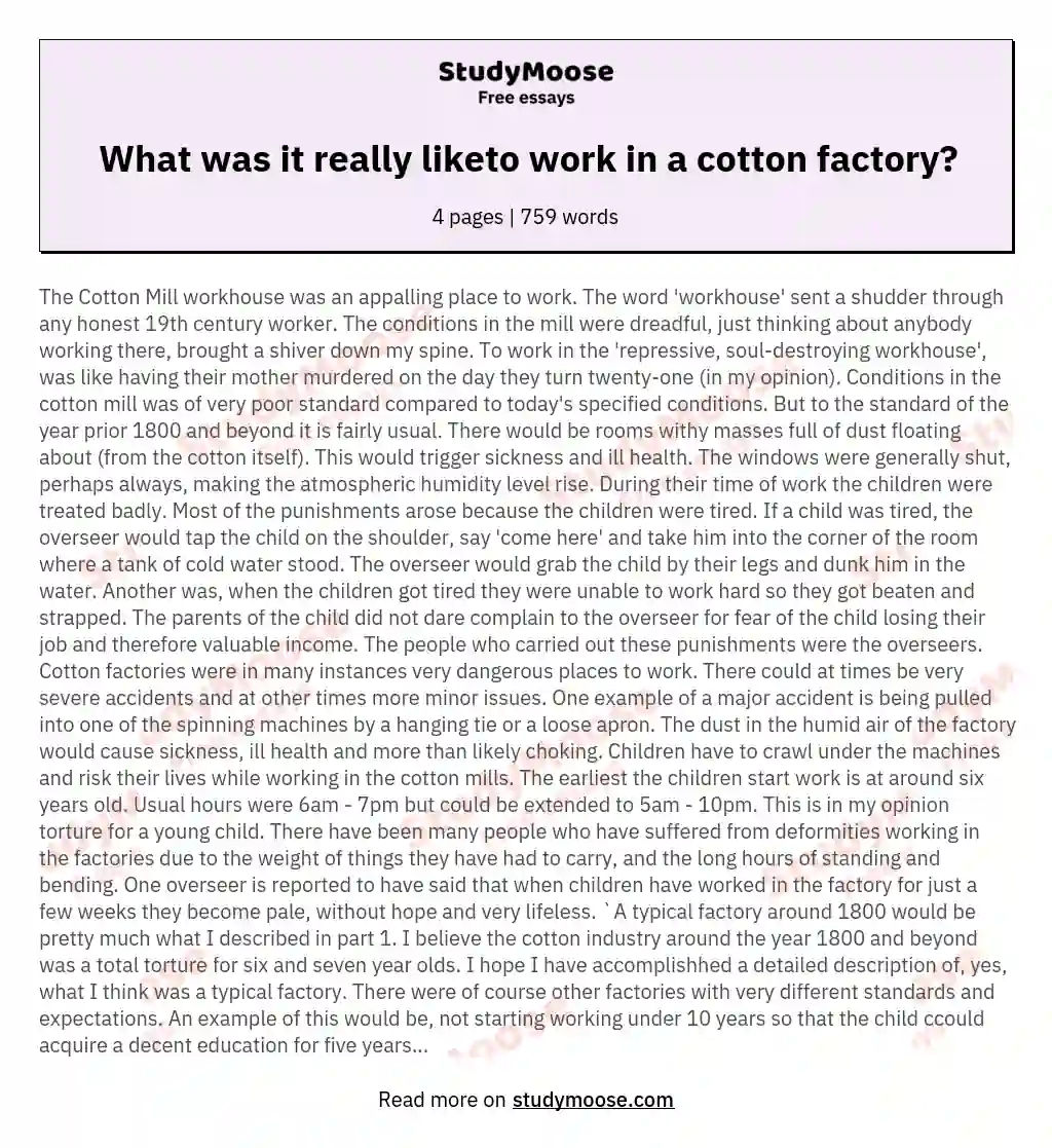 What was it really liketo work in a cotton factory? essay