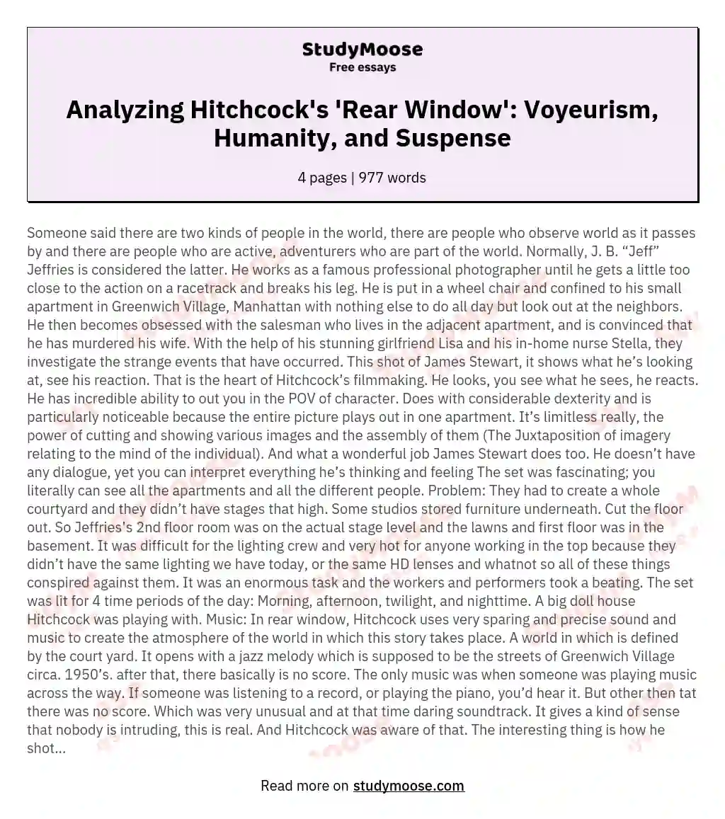 Analyzing Hitchcock's 'Rear Window': Voyeurism, Humanity, and Suspense essay
