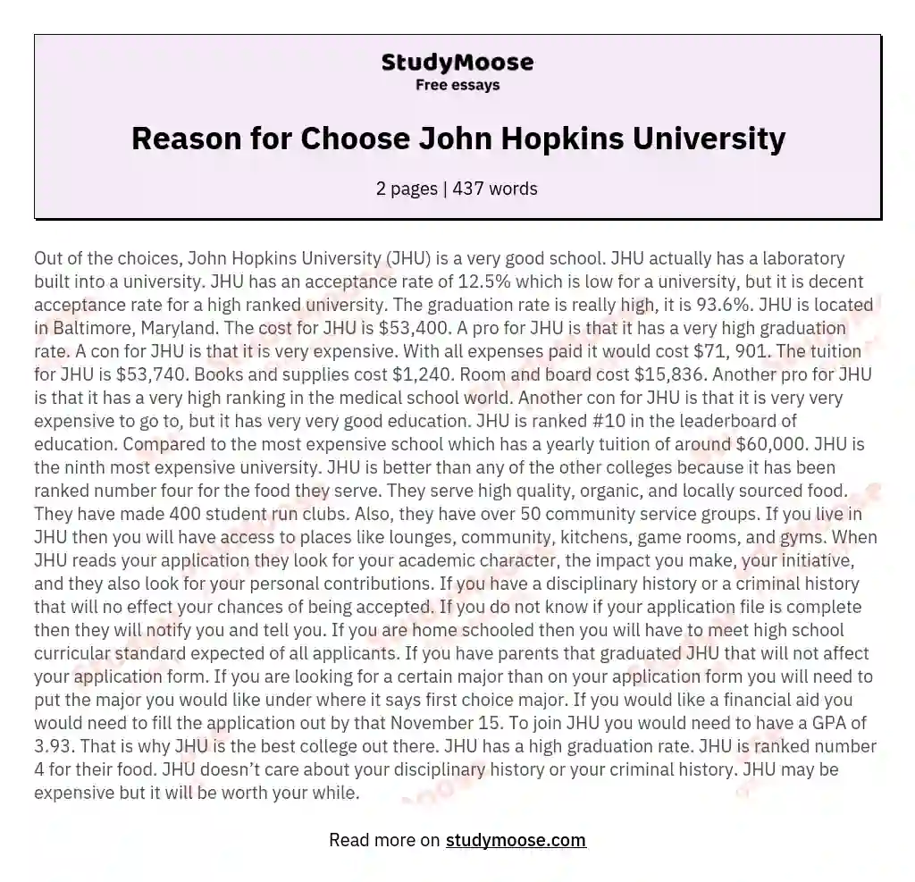 Reason for Choose John Hopkins University