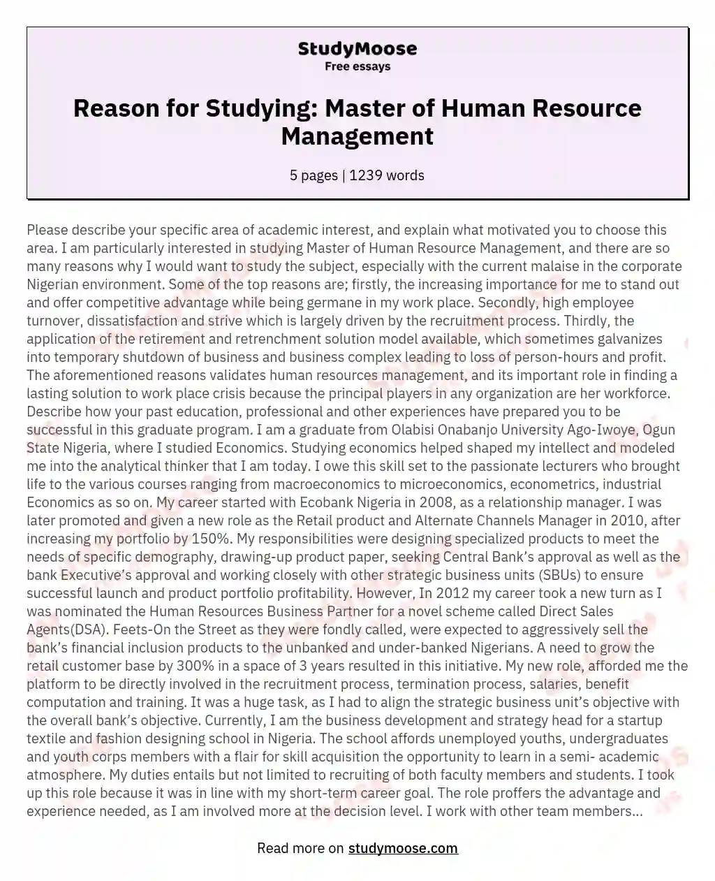 Reason for Studying: Master of Human Resource Management essay