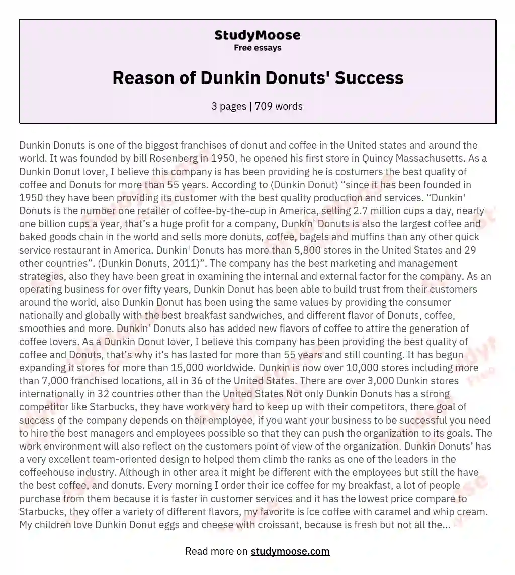 Reason of Dunkin Donuts' Success essay