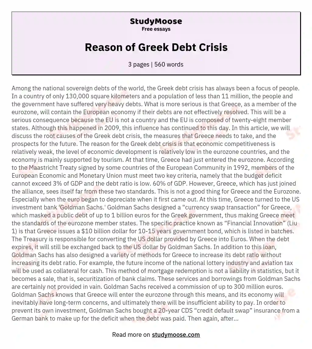 Reason of Greek Debt Crisis essay