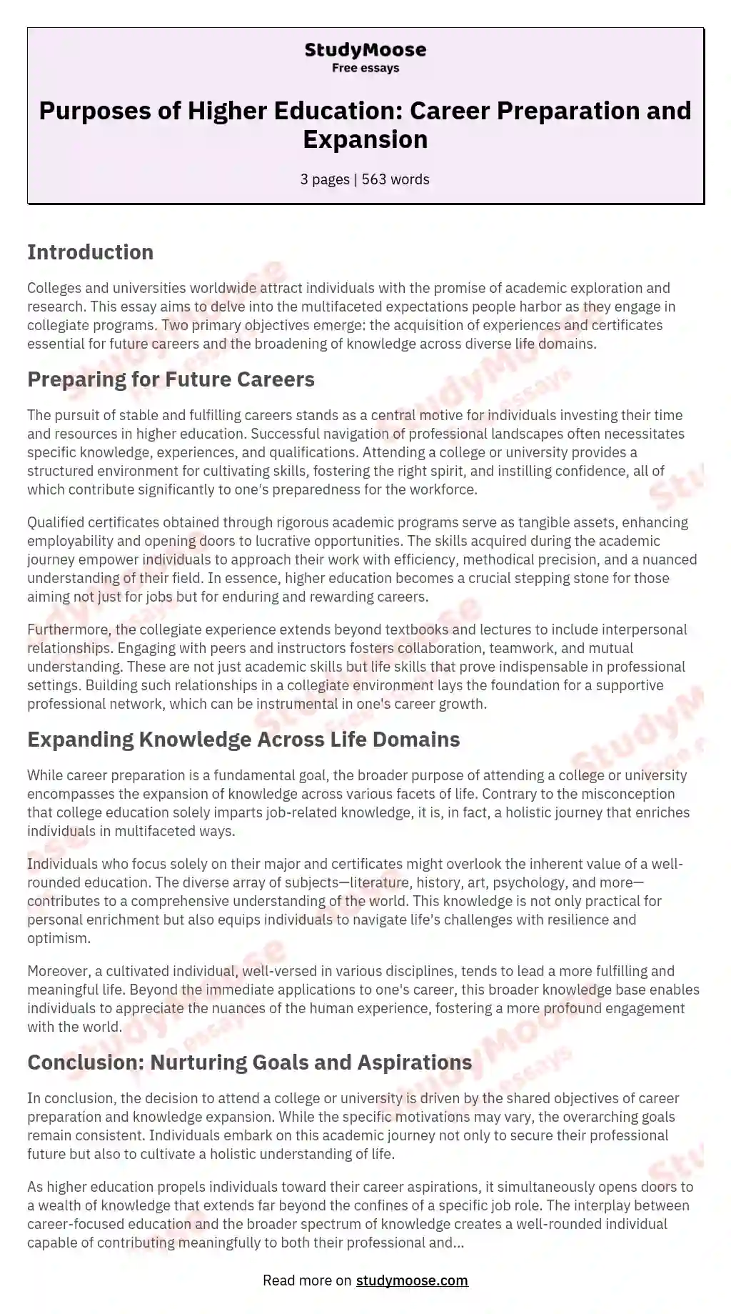 Purposes of Higher Education: Career Preparation and Expansion essay