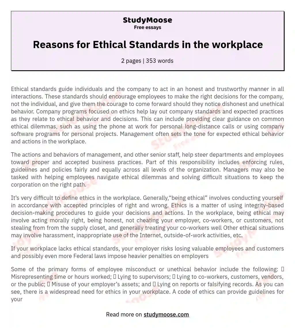 Reasons for Ethical Standards in the workplace