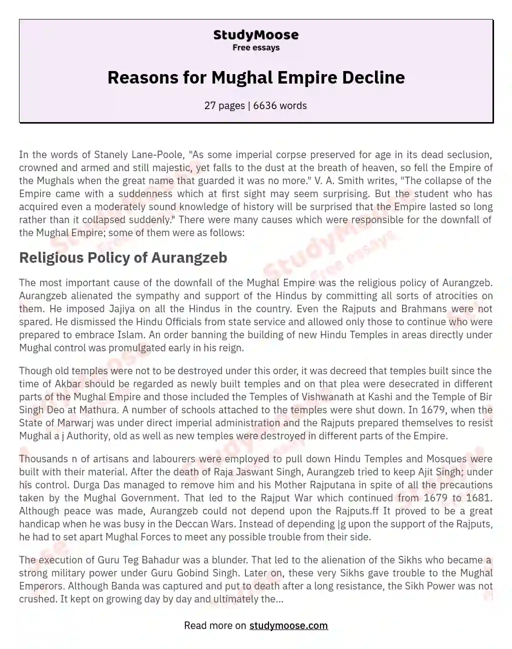 Reasons for Mughal Empire Decline essay