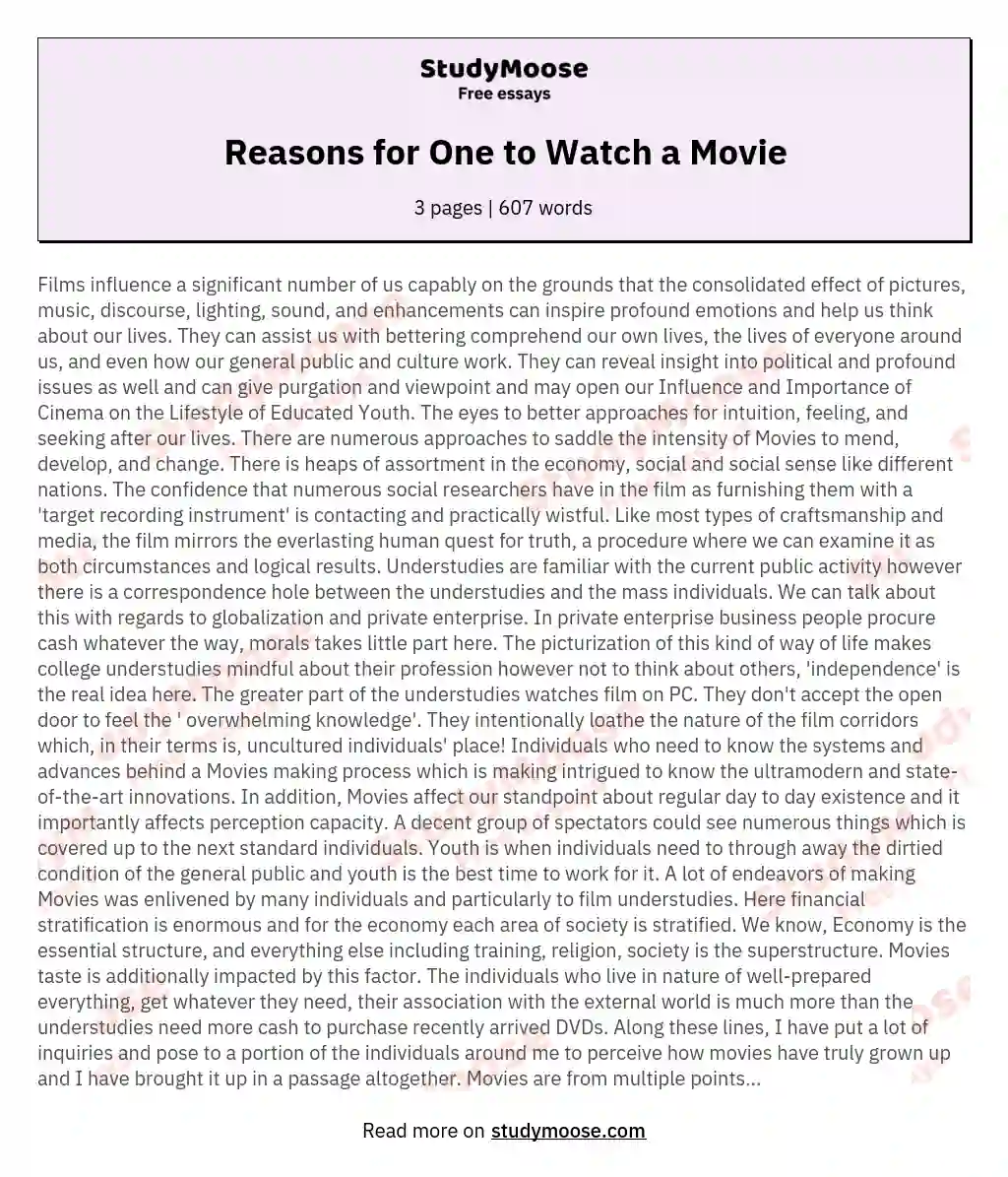 Reasons for One to Watch a Movie essay