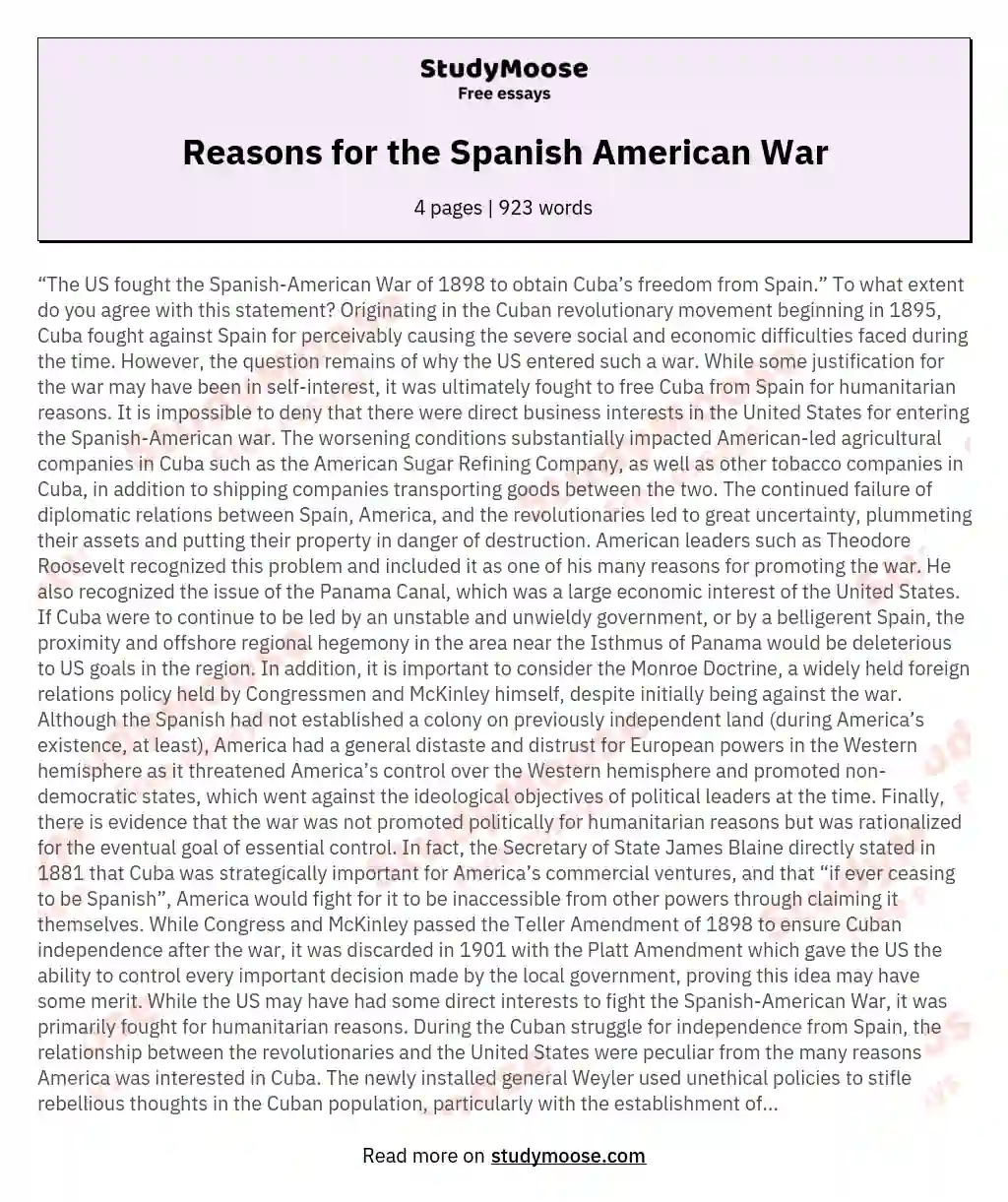 Reasons for the Spanish American War essay
