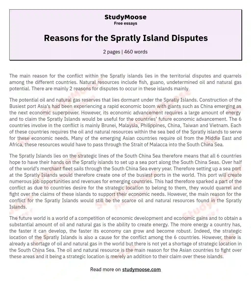 Reasons for the Spratly Island Disputes essay