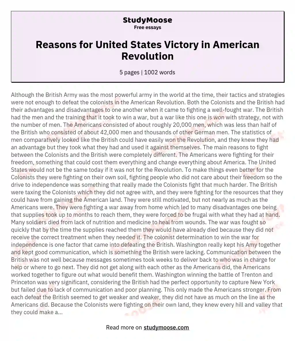 Reasons for United States Victory in American Revolution essay