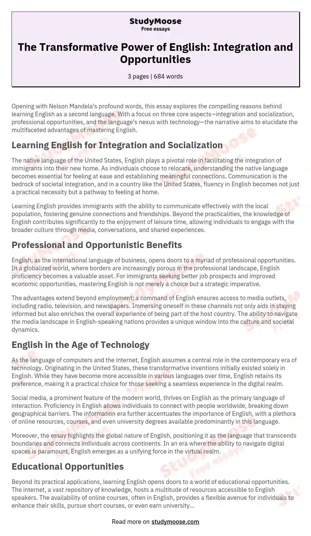 The Transformative Power of English: Integration and Opportunities essay