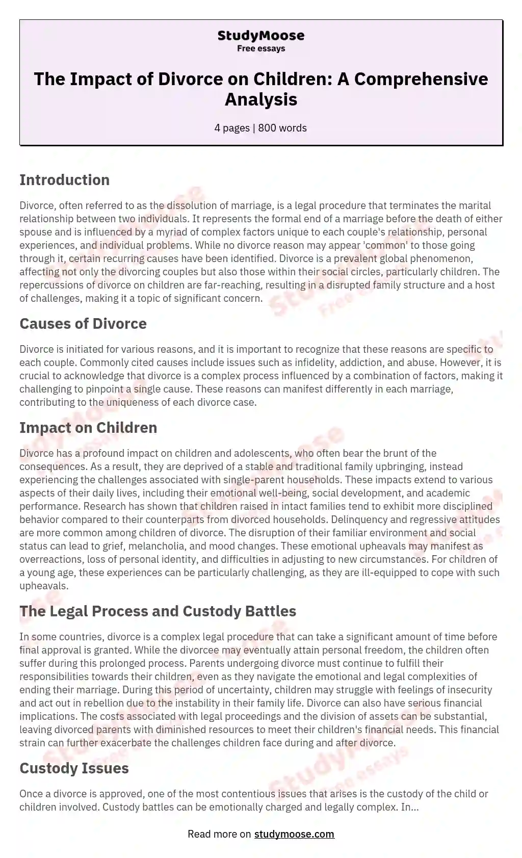 The Impact of Divorce on Children: A Comprehensive Analysis essay