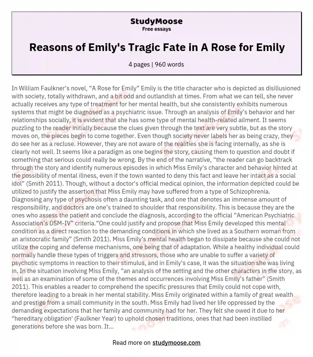 Reasons of Emily's Tragic Fate in A Rose for Emily essay