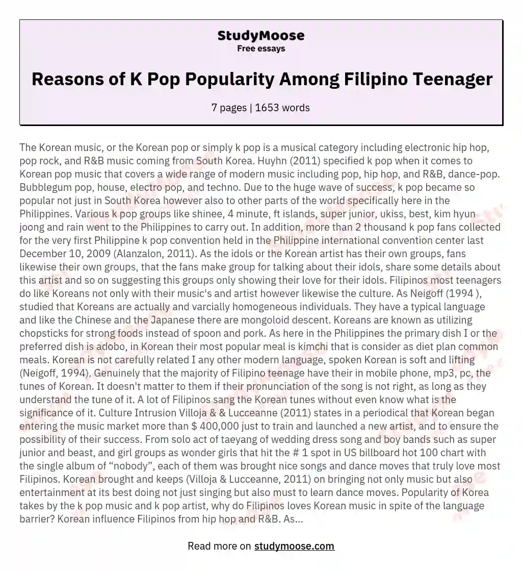 Reasons of K Pop Popularity Among Filipino Teenager essay