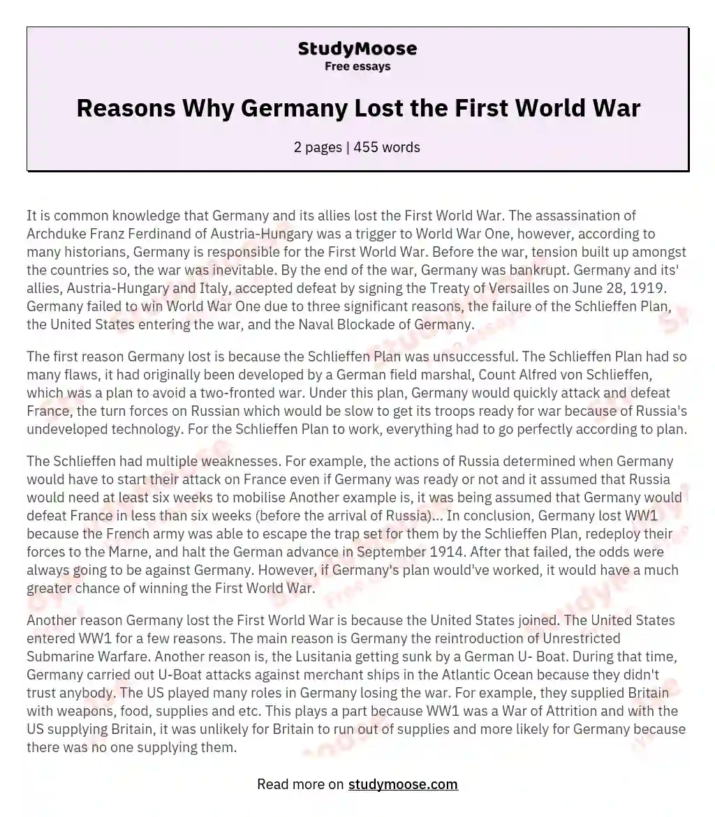 Reasons Why Germany Lost the First World War essay