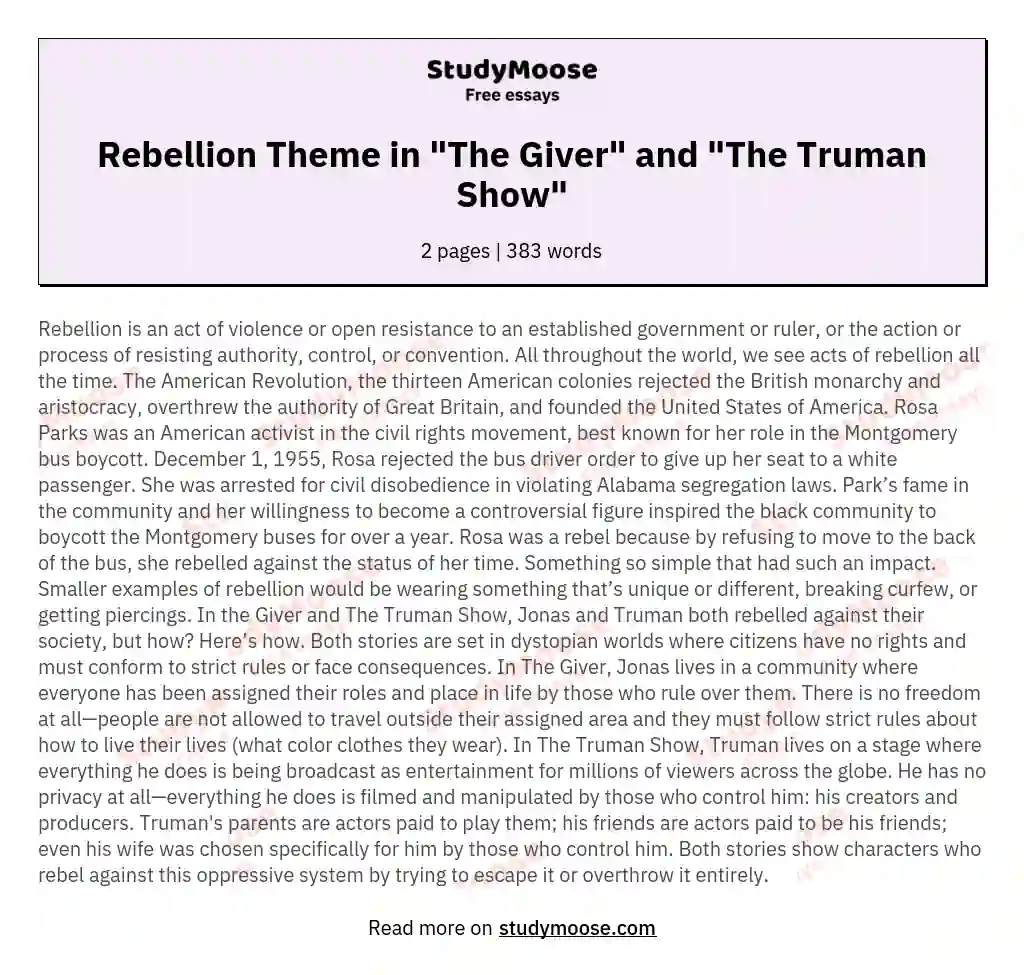 Rebellion Theme in "The Giver" and "The Truman Show" essay