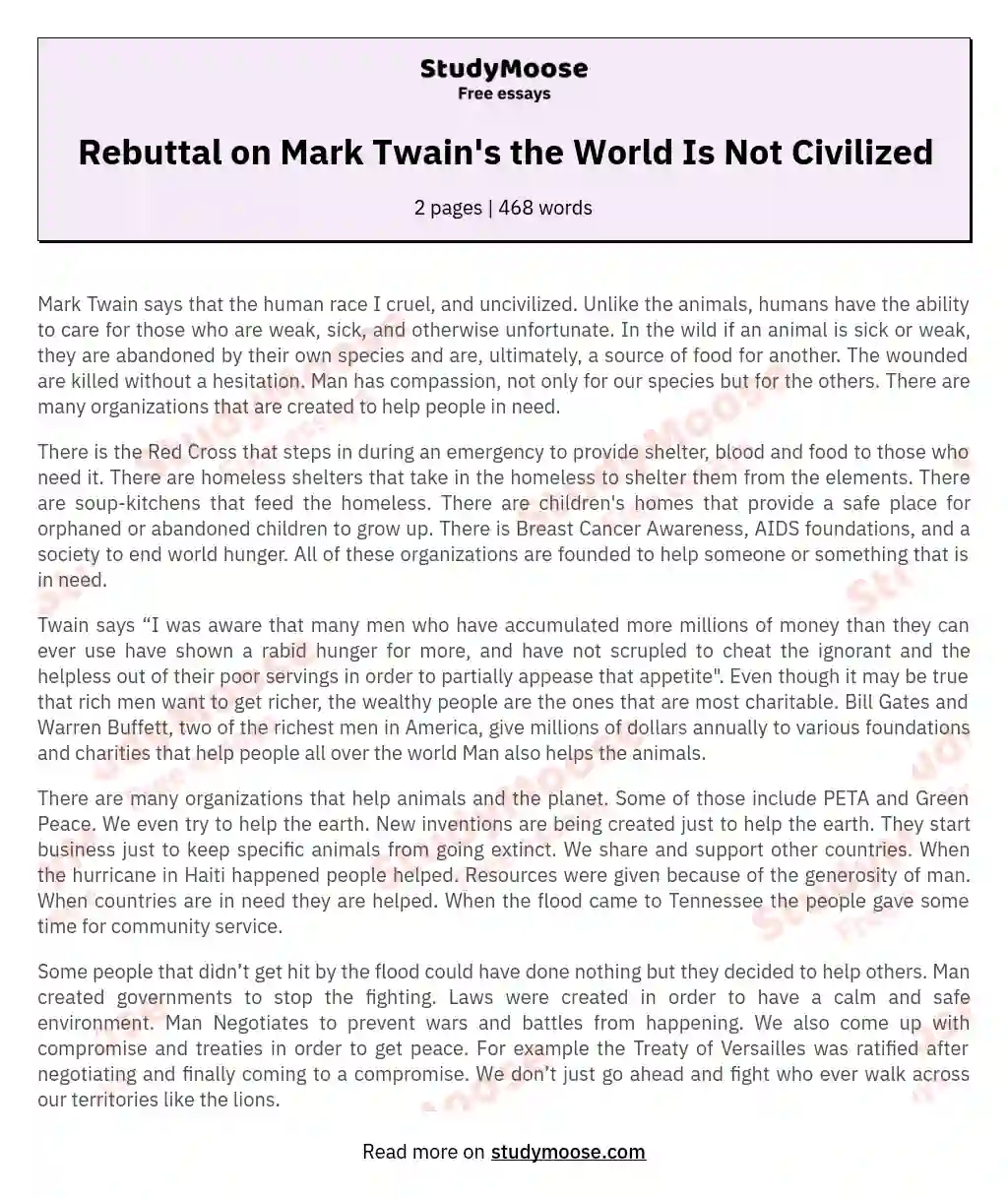 Rebuttal on Mark Twain's the World Is Not Civilized essay
