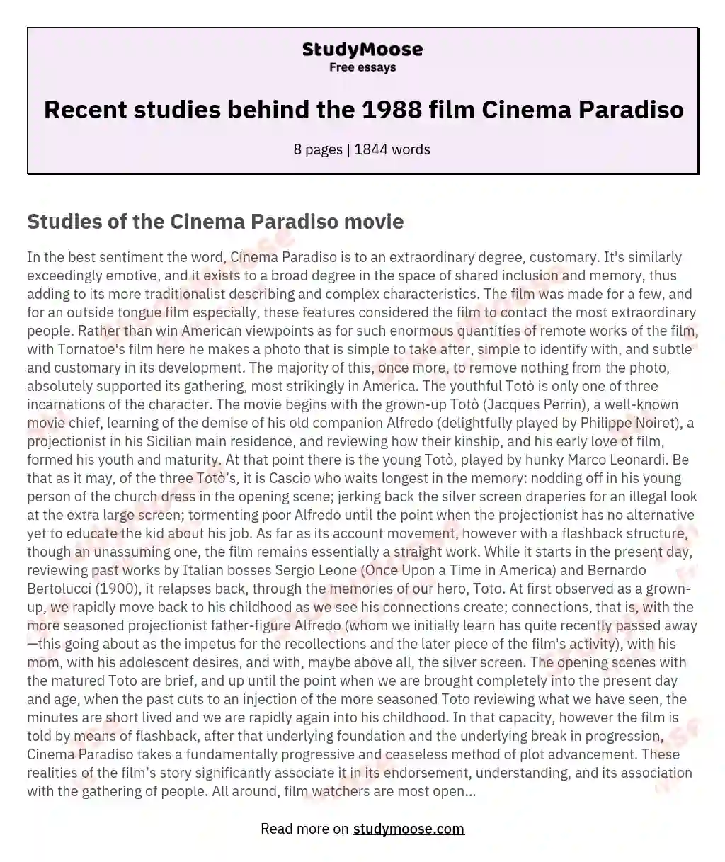 Recent studies behind the 1988 film Cinema Paradiso essay