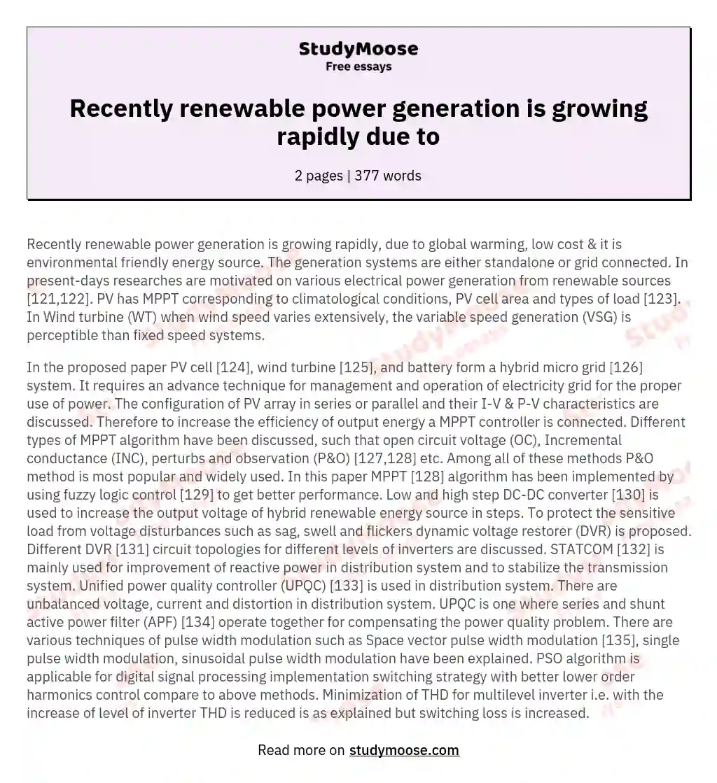 Recently renewable power generation is growing rapidly due to essay
