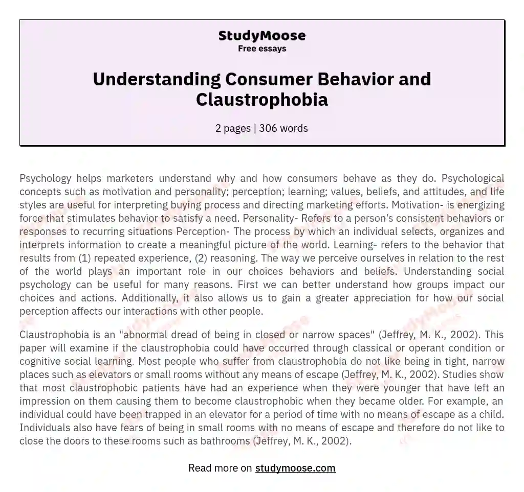 Understanding Consumer Behavior and Claustrophobia essay
