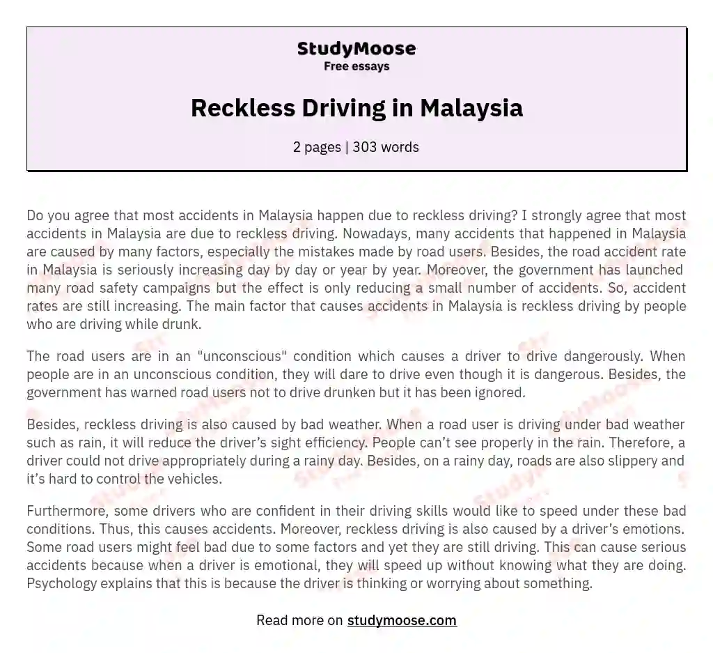 Reckless Driving in Malaysia essay