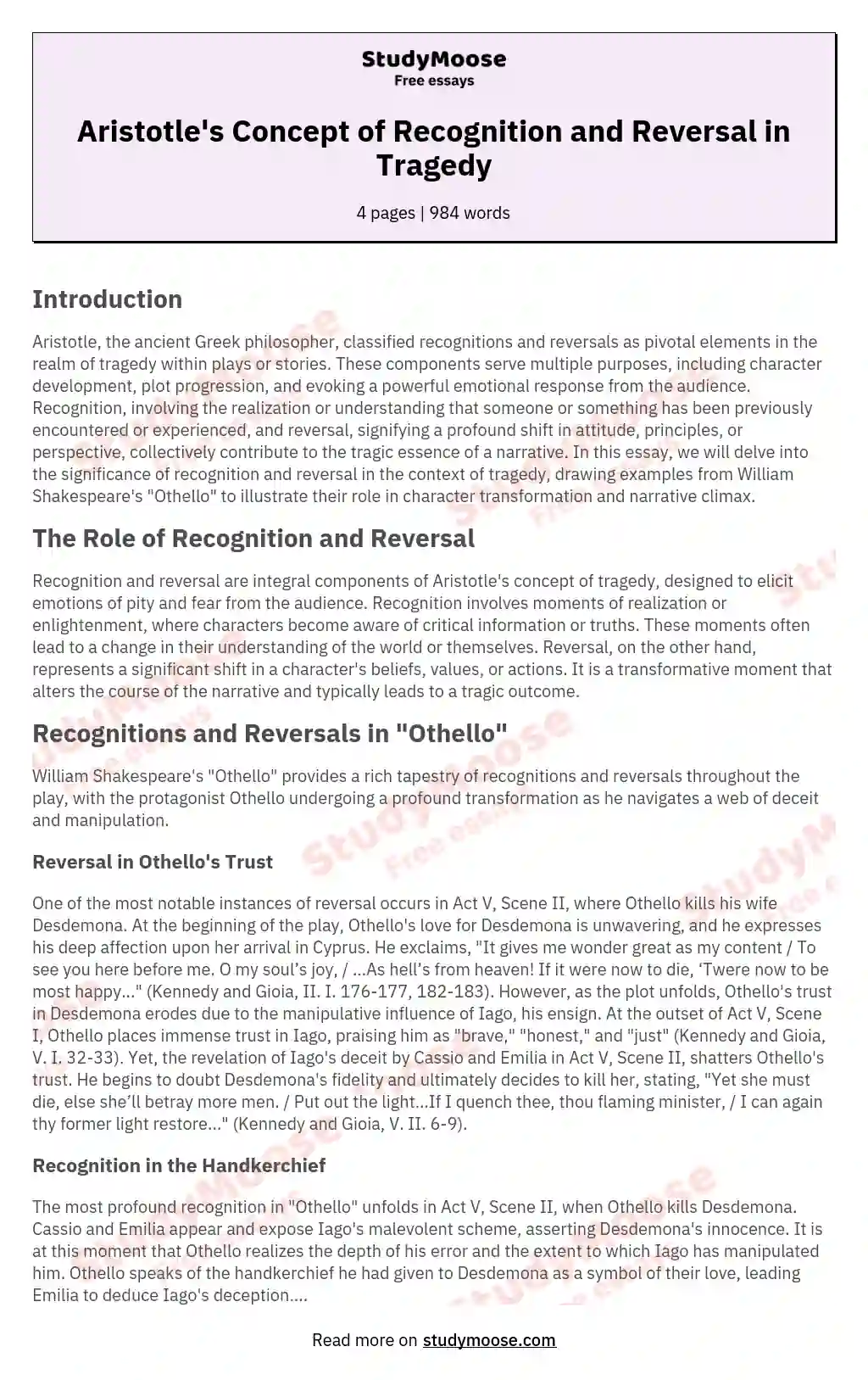 Aristotle's Concept of Recognition and Reversal in Tragedy essay