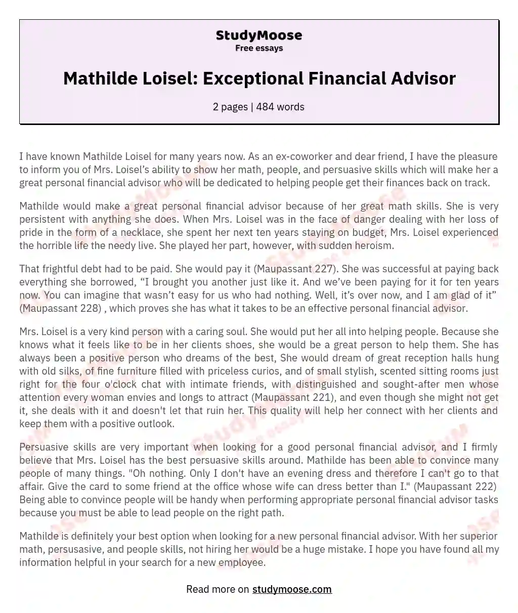 Mathilde Loisel: Exceptional Financial Advisor essay