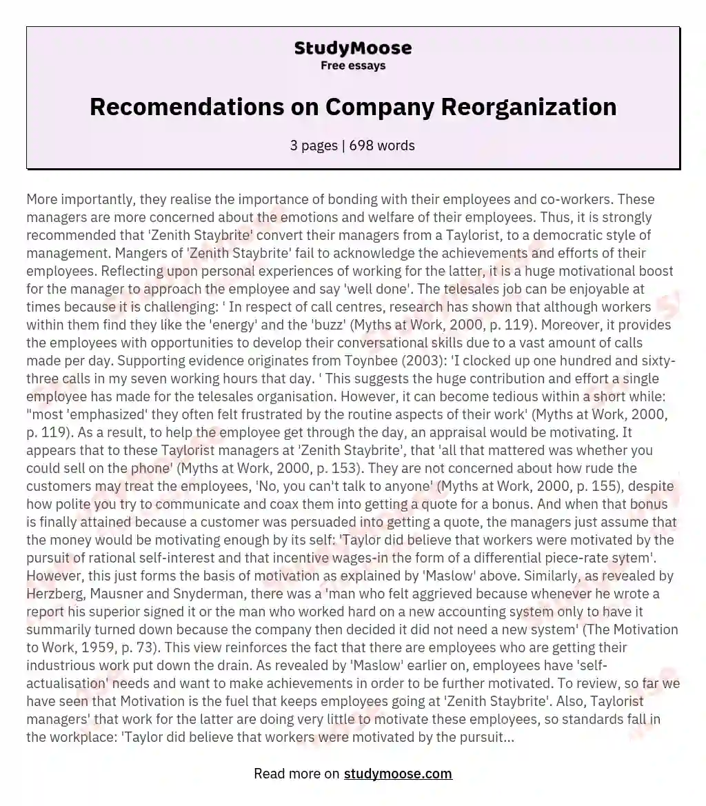Recomendations on Company Reorganization essay