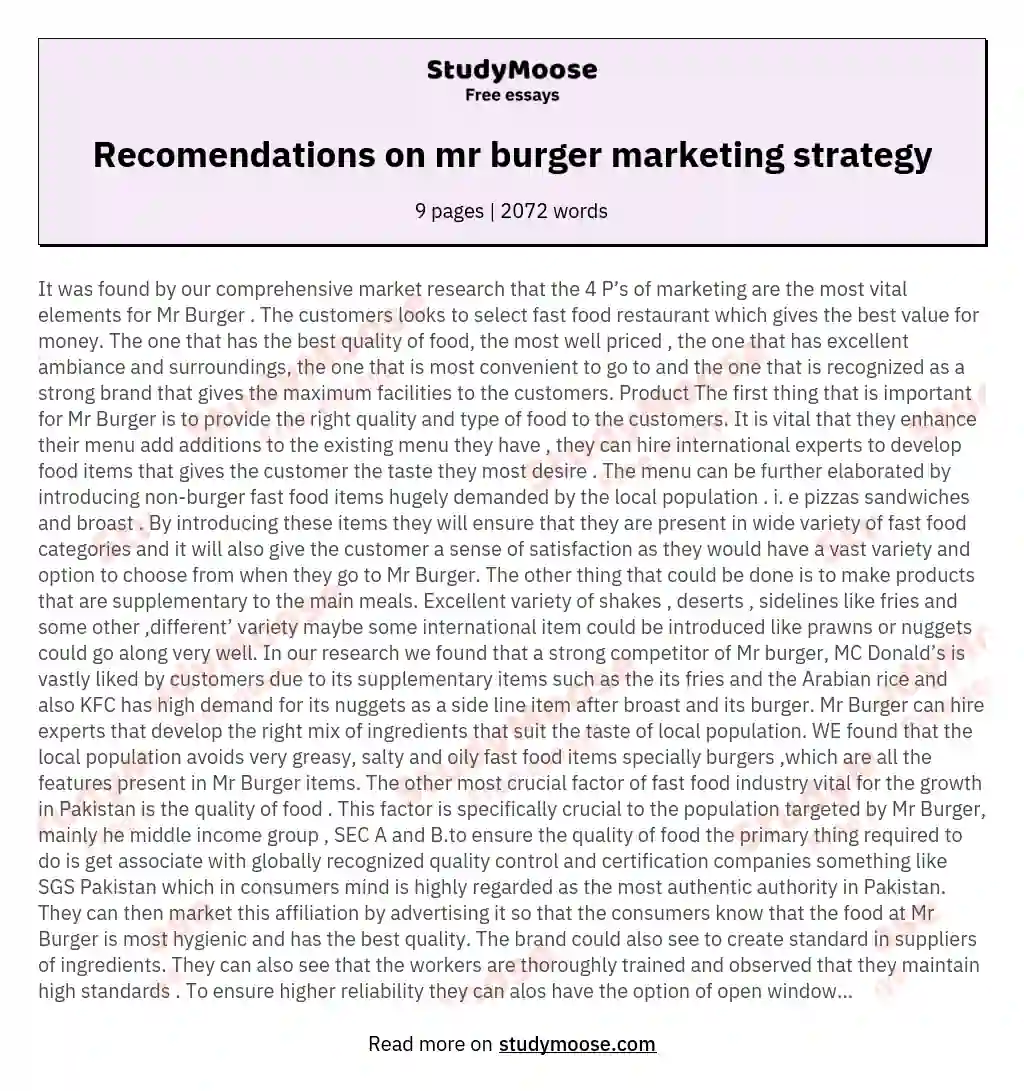 Recomendations on mr burger marketing strategy essay