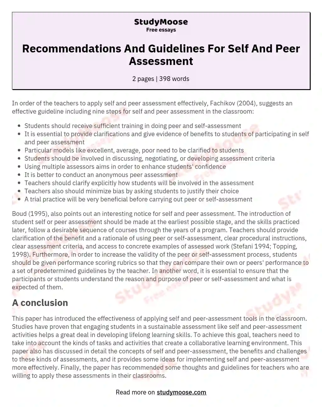 Recommendations And Guidelines For Self And Peer Assessment essay