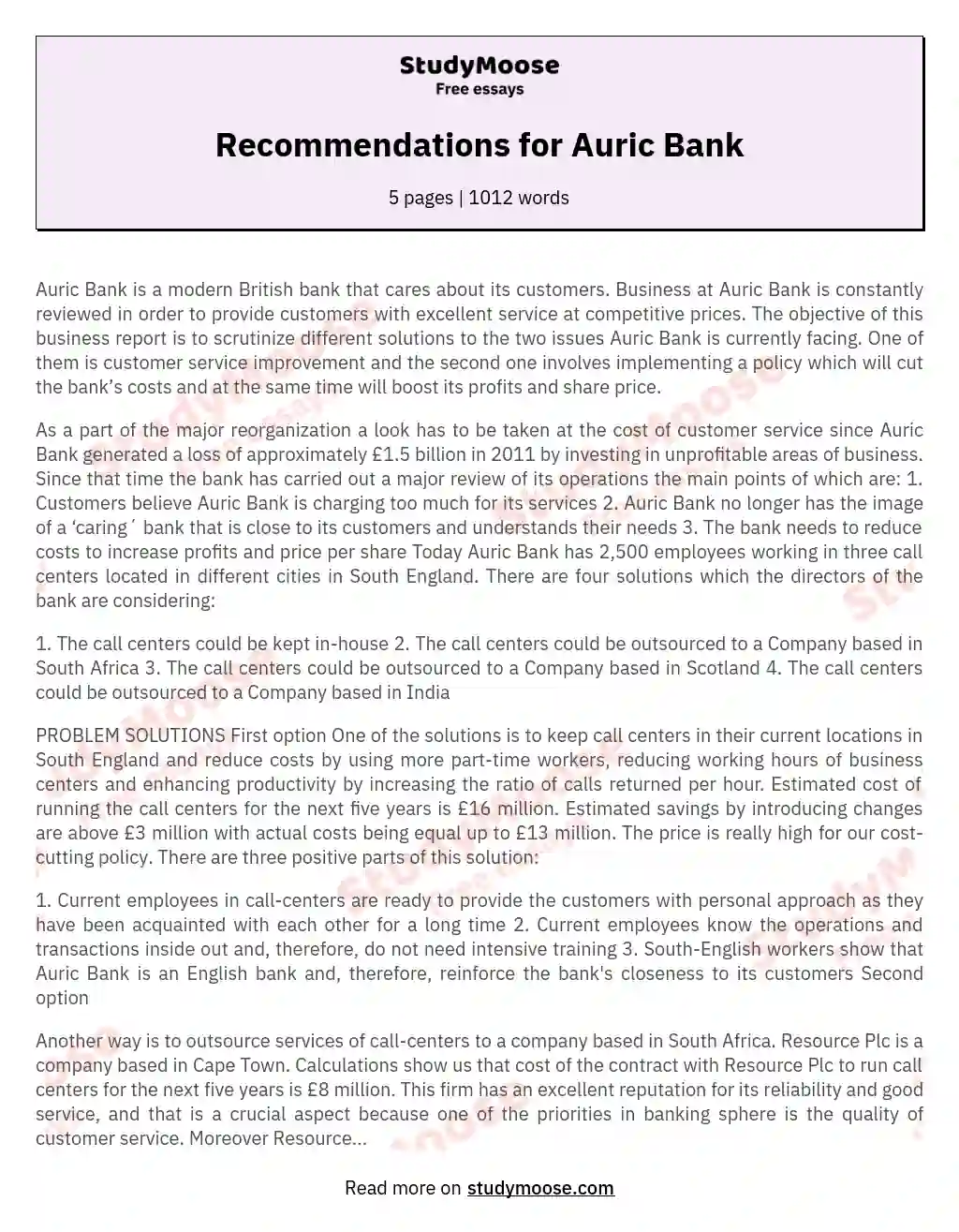 Recommendations for Auric Bank