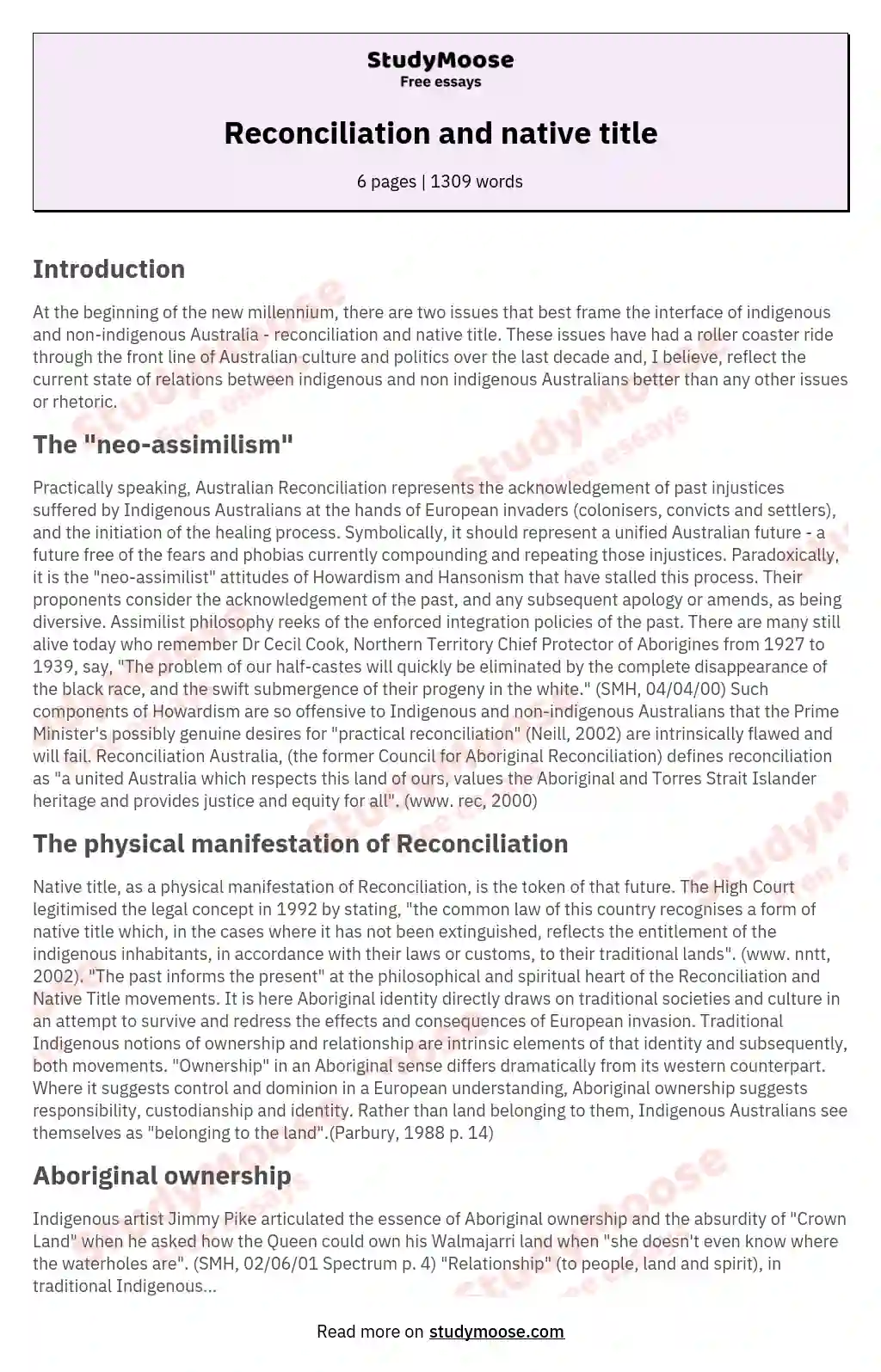 Reconciliation and native title essay