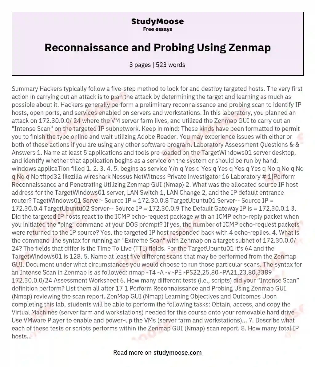 Reconnaissance and Probing Using Zenmap essay