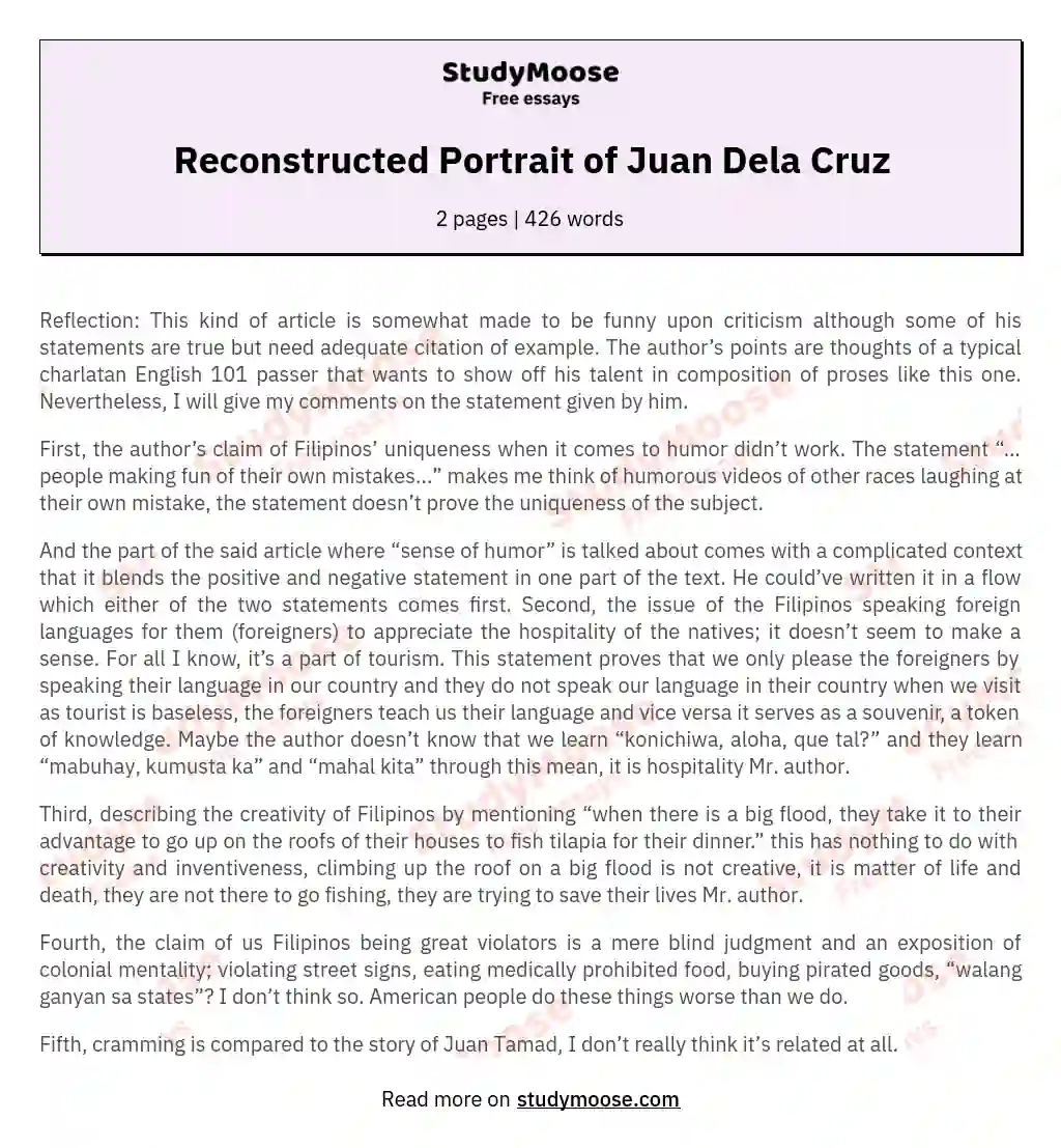 Reconstructed Portrait of Juan Dela Cruz essay