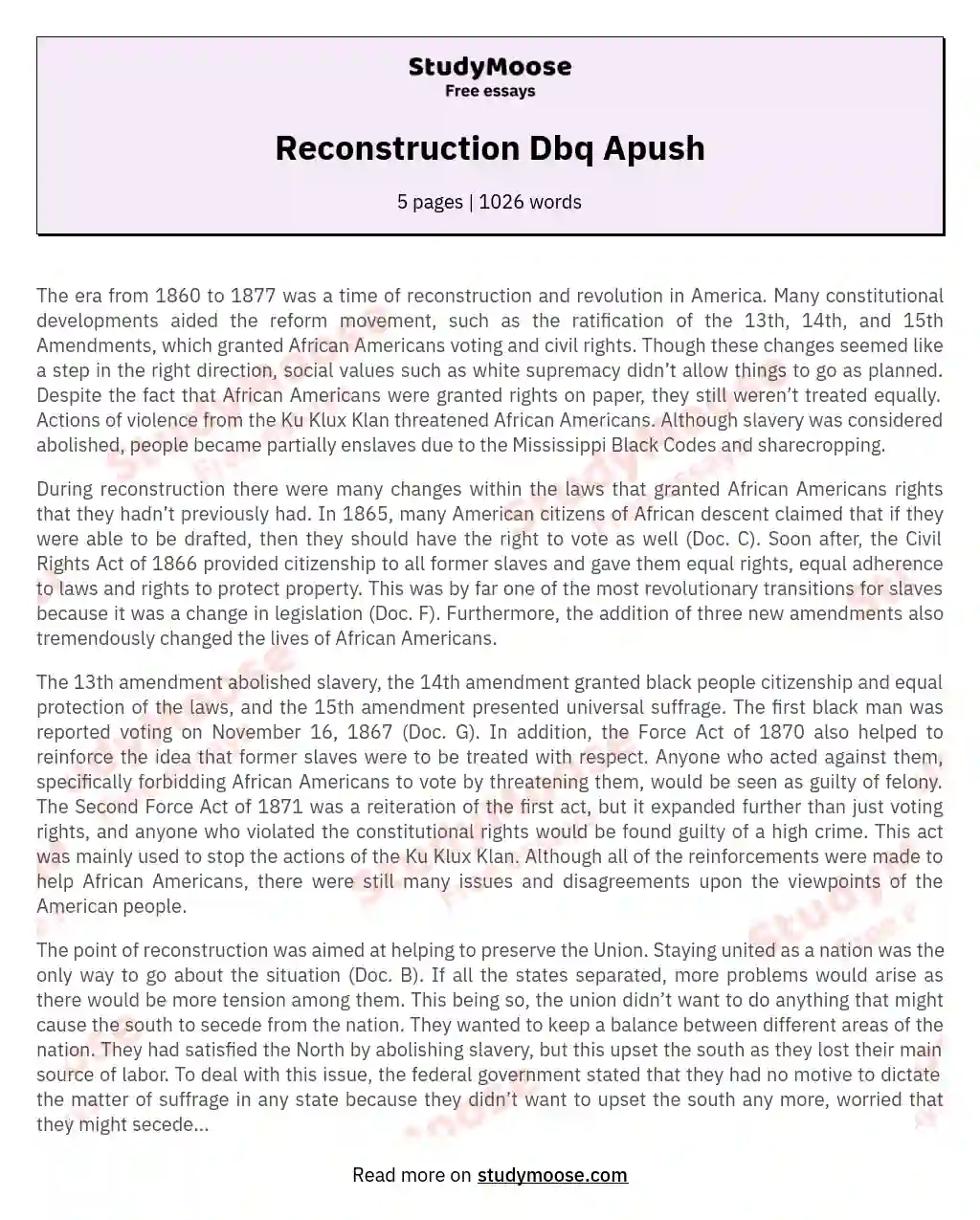 Reconstruction Dbq Apush essay