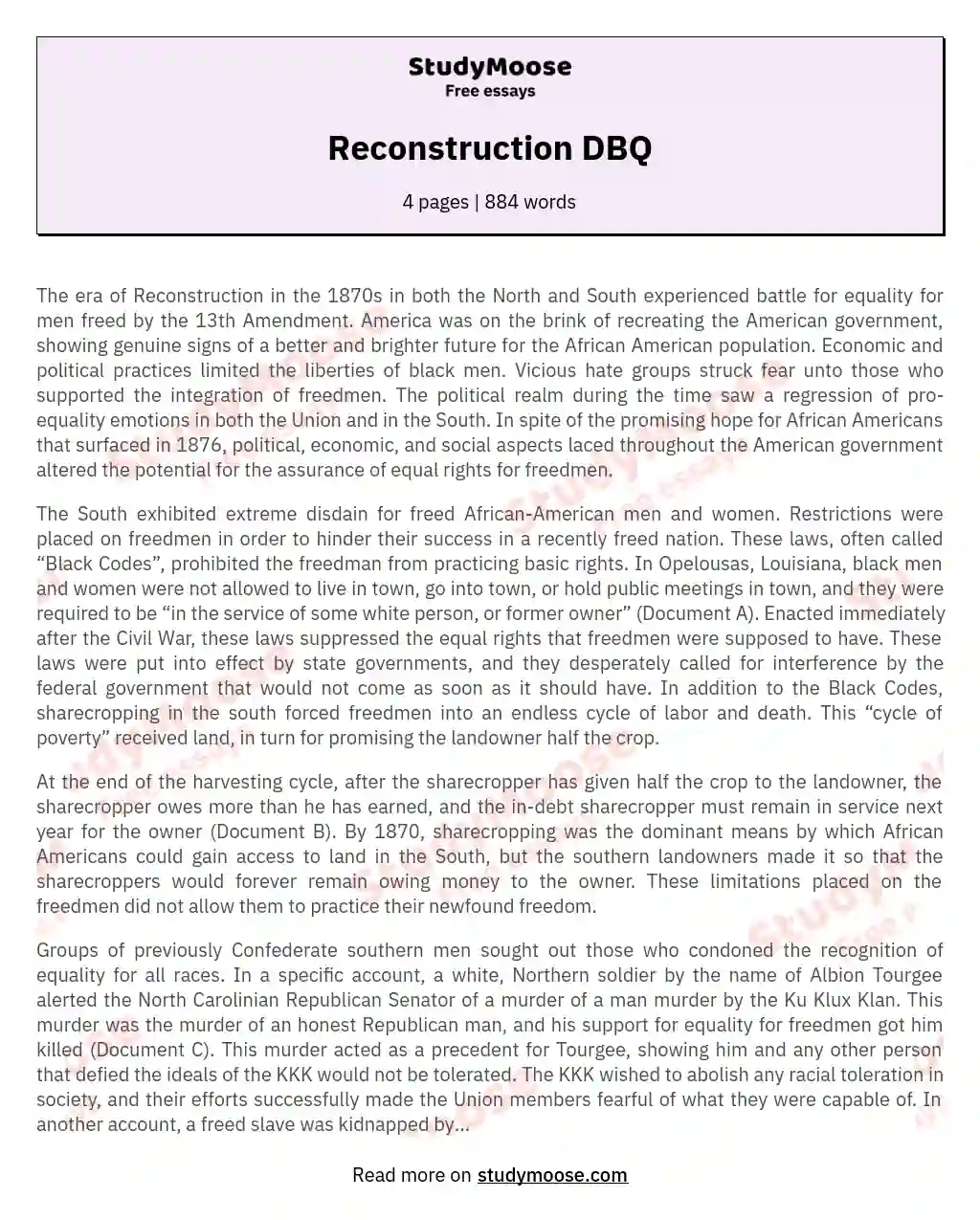 who killed reconstruction dbq essay