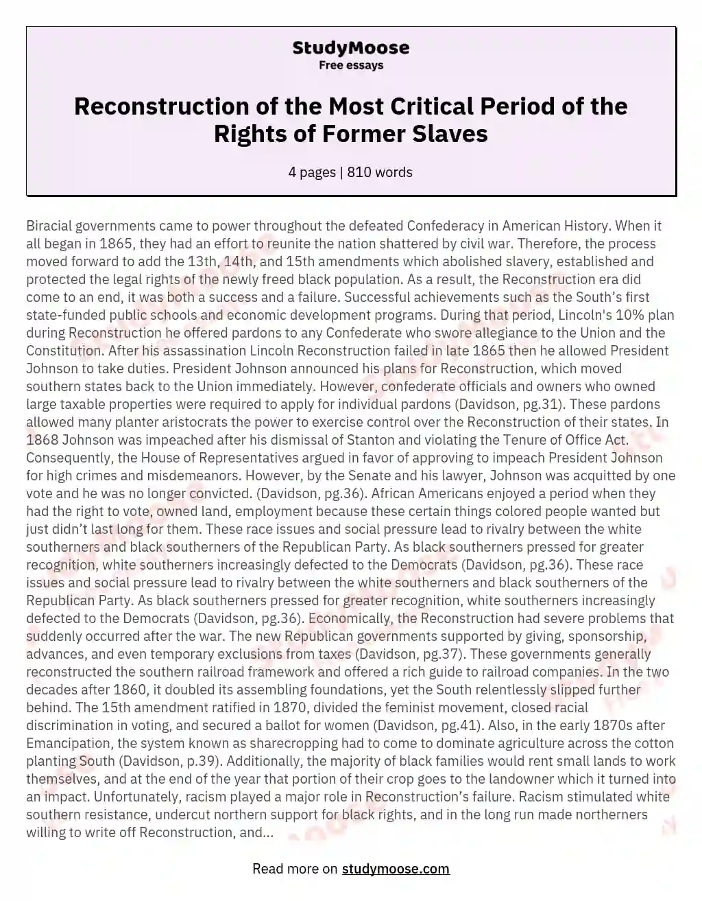 Reconstruction of the Most Critical Period of the Rights of Former Slaves essay