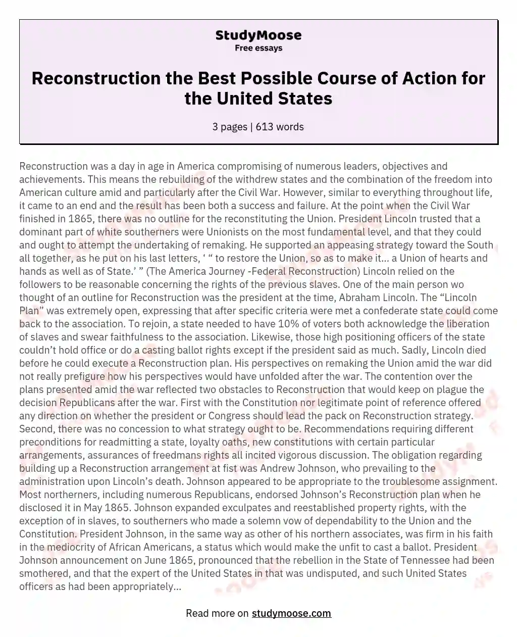 Reconstruction the Best Possible Course of Action for the United States essay